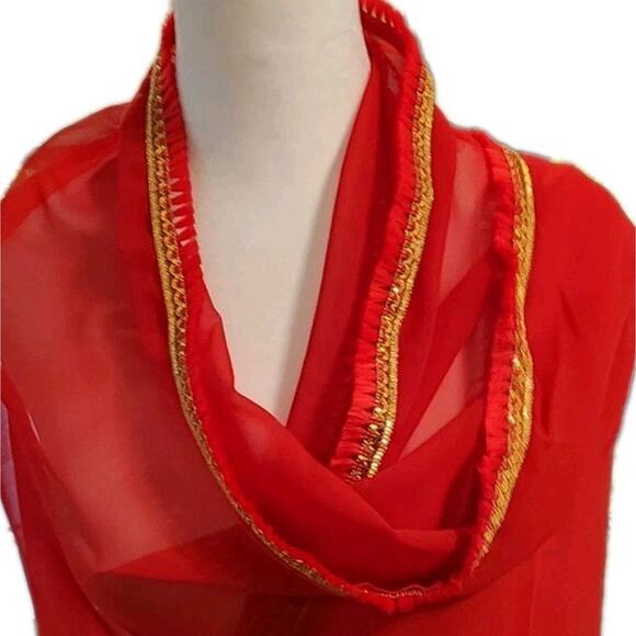 Red Sheer Sari Sarong Wrap Cover 40x80" Tassels Metallic Gold Thread Trim Design - Picture 6 of 7